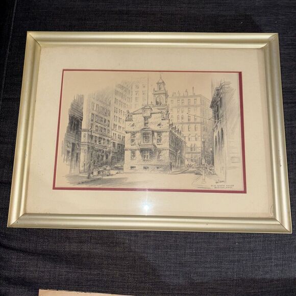 Framed Vintage James Francis Murray Print: Old State House Boston Massachusetts - Picture 1 of 6
